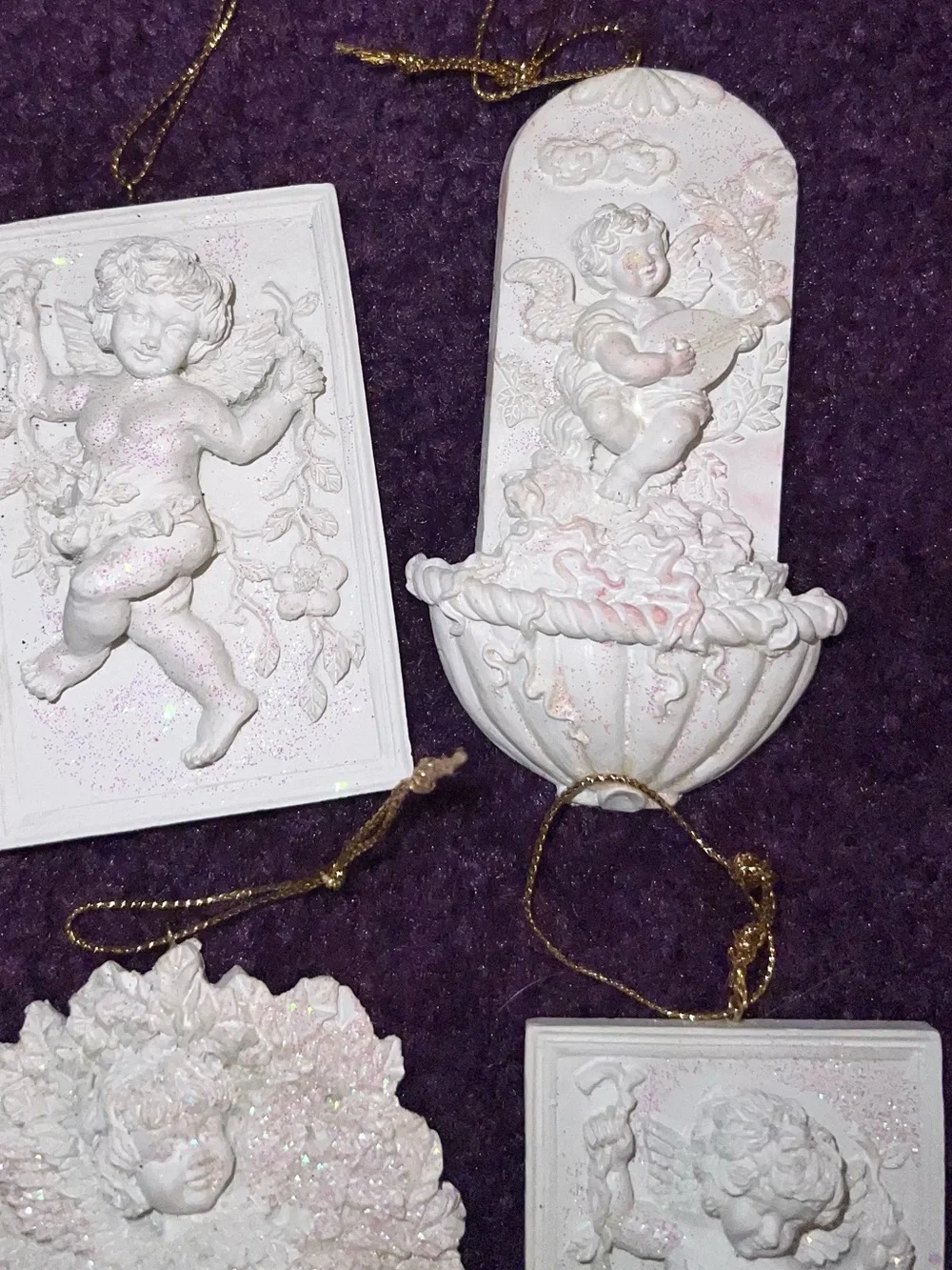 Vintage Baroque Ceramic Cherub Angel Holiday Christmas Ornaments White Glitter